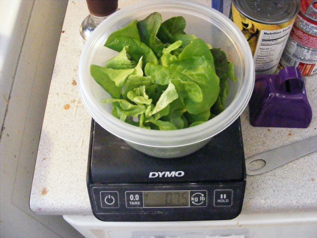 A nice garden salad from the cellar weighed in at 0.75 oz on a Dymo digital scale.