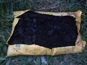 Bag of manure with x's now on the bottom, cut the top away, leaving the sides intact.